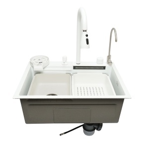 Chiuveta bucatarie multifunctionala din otel inoxidabil cu doua baterii, functie cascada, spalator pahare, dozator sapun, scurgator, tava, tocator si accesorii scurgere incluse, dimensiune 60x45x22cm