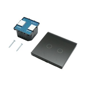 Intrerupator touch dublu cap scara negru 220V, indicator luminos, rama sticla 86x86x34mm - Img 5