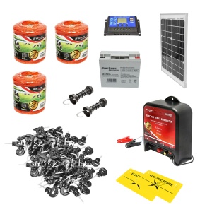 Kit complet gard electric 12V 14 Joule, lungime fir 1500m, panou solar 20W, baterie 12V/17Ah, 200 izolatori si maner poarta Breckner Germany
