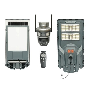 Lampa solara LED iluminat stradal 400W cu camera supraveghere duala 6MP Wi-Fi, panou solar 30W, baterie LiFePO4 20000mAh, PTZ 360, night vision, detectie PIR Ai, aplicatie V380 Pro