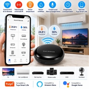 Telecomanda universala inteligenta smart Wi-Fi IR Blaster 2.4GHz cu senzor temperatura si umiditate, raza 10m, aplicatie Tuya Smart Life, compatibila Alexa si Google Home - Img 3