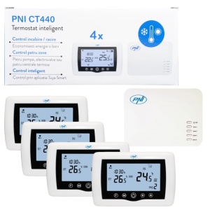 Termostat inteligent PNI CT440 fara fir, cu WiFi, control 4 zone prin Internet, pentru centrale termice, pompe, electrovalve, APP TuyaSmart