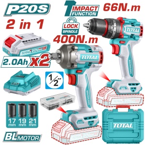 TOTAL - SET SCULE ELECTRICE CU 2 UNELTE CU MOTOR FARA PERII – 20V (INCLUDE 2 ACUMULATOR SI INCARCATO