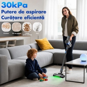 Aspirator vertical fara fir 200W, putere aspirare 30 kPa, baterie 2000mAh, recipient praf 600ml, 3 moduri de aspirare, ecran tactil LED, motor brushless, perie iluminata LED - Img 16
