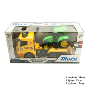 Camion galben cu detalii autentice de tip trailer pe baterii impreuna cu tractor verde de jucarie - Img 1