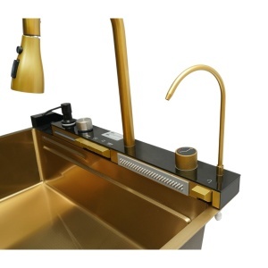 Chiuveta bucatarie multifunctionala din otel inoxidabil auriu PVD cu doua baterii, afisaj digital temperatura, doua cascade, dozator detergent, spalator pahare, scurgator, tava, tocator si accesorii incluse 75x46x22cm - Img 10