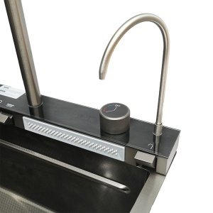 Chiuveta bucatarie multifunctionala din otel inoxidabil cu 2 cascade, afisaj digital temperatura, functie cascada, dozator sapun, spalator pahare, scurgator, tava, tocator si accesorii scurgere incluse, dimensiune 75x46x23.5cm - Img 8