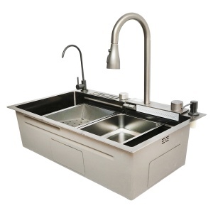 Chiuveta bucatarie multifunctionala din otel inoxidabil cu doua baterii, afisaj digital temperatura, functie cascada, dozator sapun, scurgator, tava, tocator si accesorii scurgere incluse, dimensiune 75x46x23.5cm - Img 5
