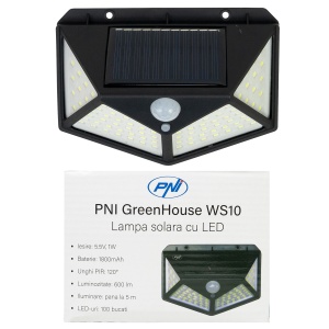 Lampa solara LED PNI GreenHouse WS10, 100 LED-uri, 600 lm, unghi PIR 120 grade, acumulator 1800 mAh, montaj pe perete - Img 2