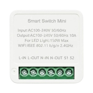 Mini modul intrerupator inteligent smart Wi-Fi 1 canal 100-240V, 10A, LED 150W, montaj in doza, aplicatie Tuya Smart Life, compatibil Alexa si Google Home