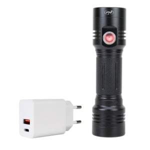 Pachet lanterna dubla PNI Adventure F200 din aluminiu cu LED, acumulator 4000mAh, 3 LED-uri cu deschidere mare si unul cu focus si alimentator PNI CHG300 cu port USB C, QC3.0, PD3.0, PPS si port USB-A