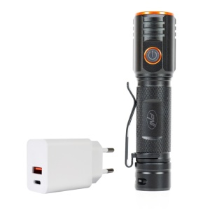 Pachet lanterna PNI Adventure F650 cu LED 20W, 2000 lm, din aluminiu, IPX6, acumulator inclus si alimentator PNI CHG300 cu port USB C, QC3.0, PD3.0, PPS si port USB-A, 30W