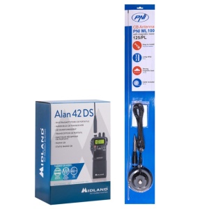 Pachet statie radio CB portabila Midland Alan 42 DS, cu Squelch Automat Digital, 12V + Antena CB PNI ML100, lungime 100 cm, 26-30MHz, magnet 125mm inclus