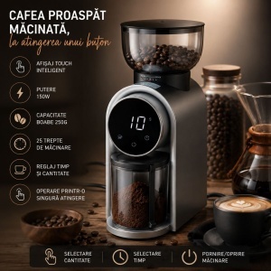 Rasnita electrica de cafea automata 150W, 220V, reglaj macinare 25 trepte, afisaj digital touch, bavuri conice, recipient boabe 250g - Img 8