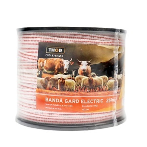 Rola banda rosu-alb 10mm insertie metalica 4x0.16mm SS, rezistenta 13 Ohm/m, 250m gard electric Thor