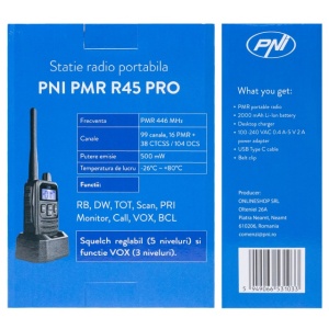 Statie radio portabila PNI PMR R45 PRO 446MHz, 0.5W, 99 canale programabile, 16 PMR si tonuri 38 CTCSS si 104 DCS, Squelch 5 niveluri, VOX, TOT, BCL, Scan, Roger Beep - Img 7