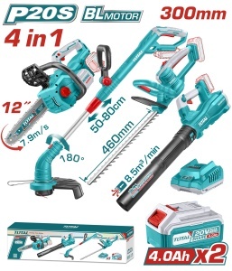 TOTAL - KIT COMBO 20V - 4.0Ah - DRUJBA, TRIMMER PENTRU GARD VIU, SUFLANTA, TRIMMER DE TUNS IARBA (IN