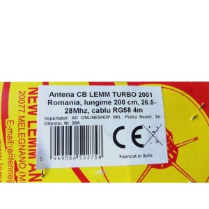 Antena CB LEMM TURBO 2001 Romania, lungime 200 cm, castig 6.5dB, 26.5-28Mhz, 2000W, cablu RG58 4m, fabricata in Italia - Img 5