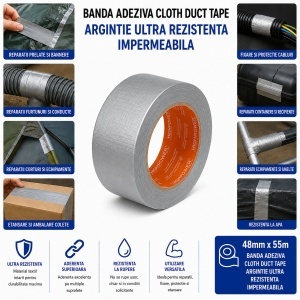 Banda adeziva textila Duct Tape argintie 48mm x 55m pentru reparatii HighPower - Img 4