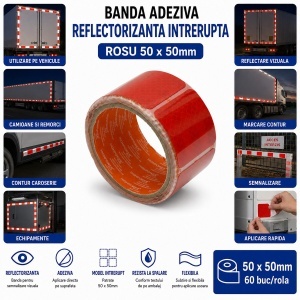 Banda reflectorizanta rosie intrerupta autoadeziva 50x50mm 60 buc/rola HighPower - Img 4