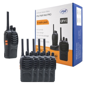 Bax cu 8 bucati kit 6 statii radio portabile PNI PMR R40 PRO acumulatori, incarcatoare si casti incluse
