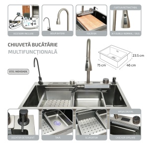 Chiuveta bucatarie multifunctionala din otel inoxidabil cu doua baterii, afisaj digital temperatura, functie cascada, dozator sapun, scurgator, tava, tocator si accesorii scurgere incluse, dimensiune 75x46x23.5cm - Img 2