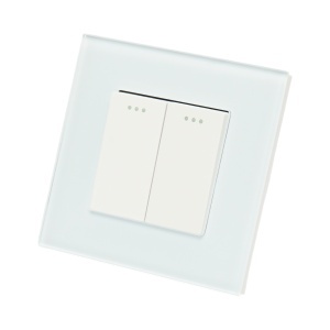 Intrerupator dublu cap scara alb incastrat 220V, 16AX, indicator luminos, rama sticla 86x86x34mm