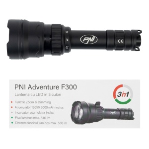 Lanterna PNI Adventure F300 cu LED in 3 culori, alb, rosu, verde, IP68 waterproof, distanta 500 m, flux luminos 540 lm, acumulator 18650 3000mAh inclus, incarcator pentru acumulator inclus, functie zo - Img 4