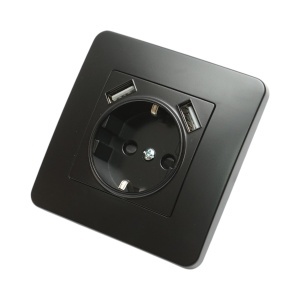 Priza schuko neagra incastrata 220V, 16A, 2xUSB 5V 2.1A, PC 80x80mm
