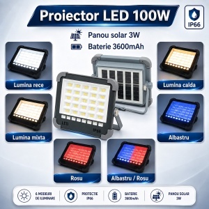 Proiector LED portabil 100W cu panou solar 3W, baterie 3600mAh, 6 moduri de iluminare, magnet, carlig, USB Power Bank 210x170x55mm Breckner Germany - Img 9