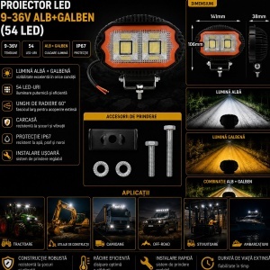 Proiector oval LED cu DRL 17W, 9-36V, 54 LED-uri, alb-galben, carcasa aluminiu 141x106x38mm IP67 Breckner Germany - Img 3