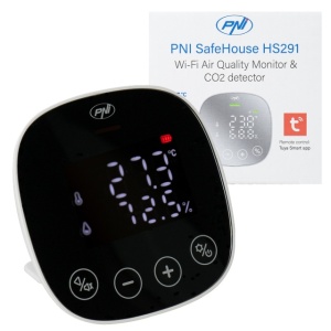 Senzor de calitate a aerului si dioxid de carbon (CO2) PNI SafeHouse HS291 cu Wi-Fi, control din aplicatia Tuya Smart, monitorizare CO2, temperatura, umiditate, afisare data ora, meniu setari, acumula