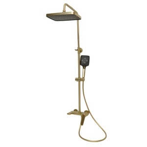 Set dus Premium multifunctional de perete din cupru, 3 functii curgere apa, dus dreptunghiular tip ploaie, para de dus, auriu mat