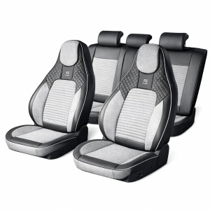 Set huse scaune auto Premium Negru-Gri universale, design sport ergonomic, piele ecologica cu insertii textile, fata + spate 11 piese