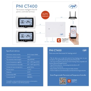 Termostat inteligent PNI CT400 fara fir, cu WiFi, controleaza 1 centrala si 2 zone diferite, parter etaj prin Internet, pentru centrale termice, pompe, electrovalve, APP TuyaSmart, histerezis 0.2 grad - Img 6