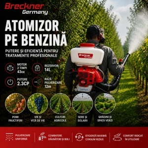 Atomizor pe benzina 14L, motor 2 timpi 2.3CP, 43cc, raza pulverizare 12m Breckner Germany - Img 8