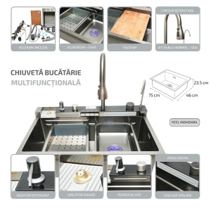 Chiuveta bucatarie multifunctionala din otel inoxidabil cu 2 cascade, afisaj digital temperatura, functie cascada, dozator sapun, spalator pahare, scurgator, tava, tocator si accesorii scurgere incluse, dimensiune 75x46x23.5cm - Img 2