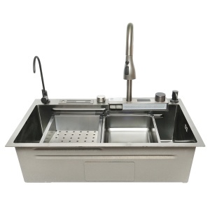 Chiuveta bucatarie multifunctionala din otel inoxidabil cu doua baterii, afisaj digital temperatura, functie cascada, dozator sapun, scurgator, tava, tocator si accesorii scurgere incluse, dimensiune 75x46x23.5cm