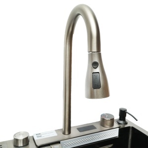 Chiuveta bucatarie multifunctionala din otel inoxidabil cu doua baterii, afisaj digital temperatura, functie cascada, dozator sapun, scurgator, tava, tocator si accesorii scurgere incluse, dimensiune 75x46x23.5cm - Img 9