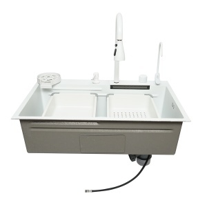Chiuveta bucatarie multifunctionala din otel inoxidabil cu doua baterii, functie cascada, spalator pahare, dozator sapun, scurgator, tava, tocator si accesorii scurgere incluse, dimensiune 75x46x23.5cm