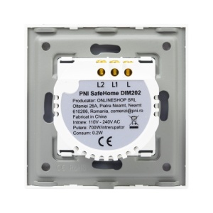 Intrerupator dublu cu touch si dimmer PNI SafeHome DIM202, 2X700W, Live Wire, fara nul, sticla