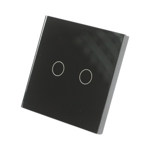 Intrerupator touch dublu cap scara negru 220V, indicator luminos, rama sticla 86x86x34mm - Img 1