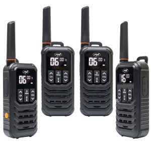 Kit 4 statii radio portabile PNI PMR R80 PRO 0.5W, 16 canale, Waterproof IP67, cu lanterna LED, buton SOS, VOX, USB-C