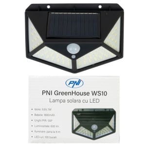 Lampa solara LED PNI GreenHouse WS10, 100 LED-uri, 600 lm, unghi PIR 120 grade, acumulator 1800 mAh, montaj pe perete - Img 2
