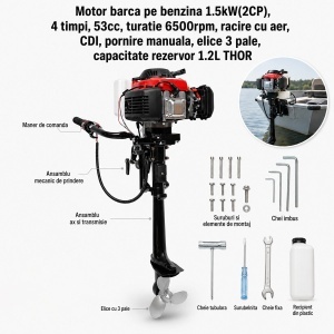 Motor barca pe benzina 1.5kW(2CP), 4 timpi, 53cc, turatie 6500rpm, racire cu aer, CDI, pornire manuala, elice 3 pale, capacitate rezervor 1.2L THOR