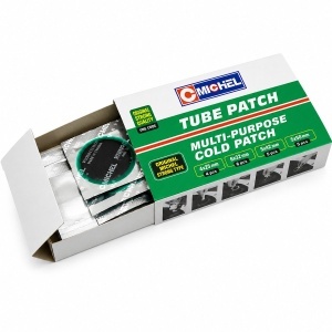 Set 20 petice vulcanizare rotunde 25mm, 32mm, 42mm, 50mm + 1 tub adeziv 20ml pentru camere de aer Michel - Img 4