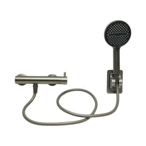 Set baterie dus baie monocomanda cu para, furtun si suport perete, gri grafit satinat, otel inoxidabil