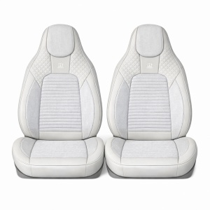 Set huse scaune auto Premium crem-gri universale, design sport ergonomic, piele ecologica cu insertii textile 11 piese - Img 2