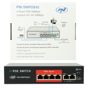 Switch POE PNI SWPOE42, 4 porturi POE 100 Mbps si 2 porturi UP Link 100 Mbps, 65W, functie AI Extend pana la 250m, protectie fulger 4kV - Img 2