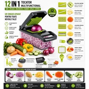 Tocator de legume multifunctional 12 in 1 manual, 8 lame inox interschimbabile, taietor legume, feliator, razatoare, decojitor, separator oua, recipient colectare - Img 4